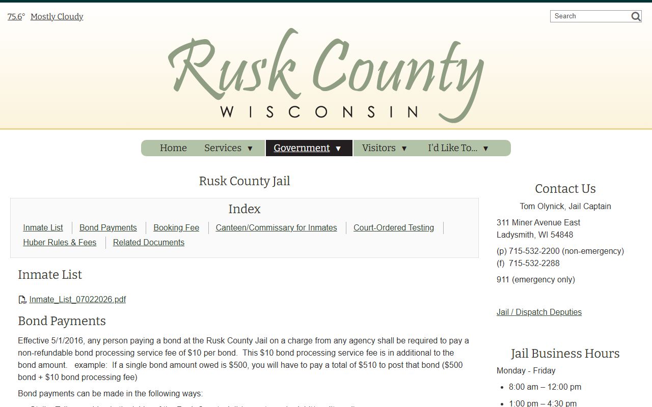 Rusk County Jail inmate population page and current inmate list source